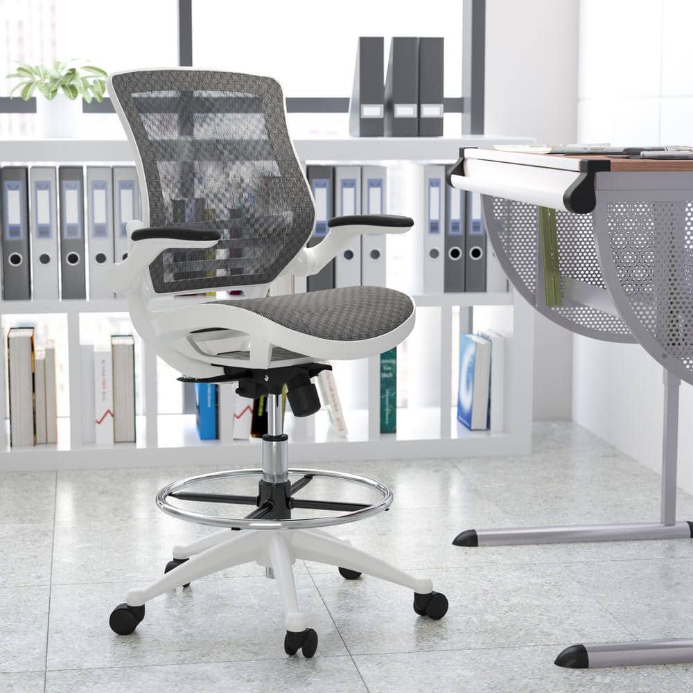 Gray/White Waylon Mid-Back Swivel Office Chair with Adjustable Foot Ring and Armrests, Ergonomic Mesh Executive Chair