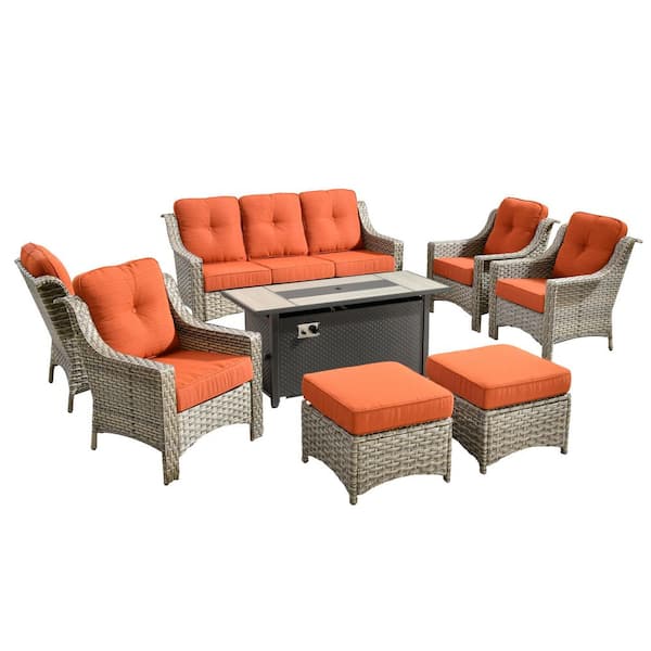Cherry 8-Piece Wicker Outdoor Fire Pit Furniture Patio Conversation Sofa Seating Set with Orange Red Cushions