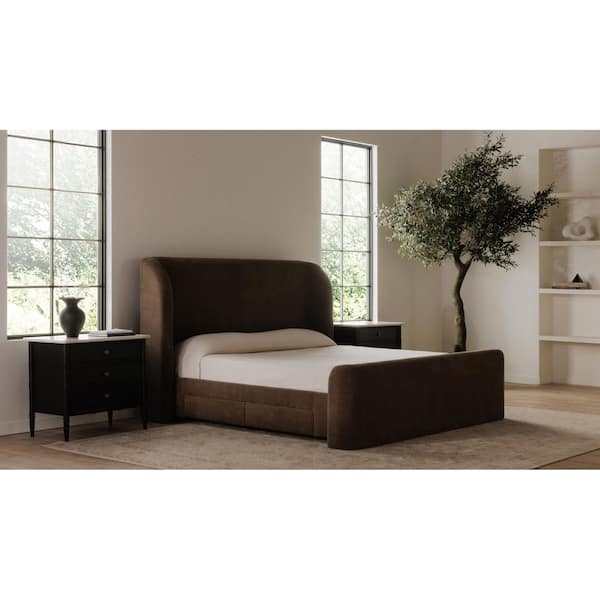 Omri Brown Wood Frame Queen Platform Bed with Storage Drawers and Upholstered Headboard