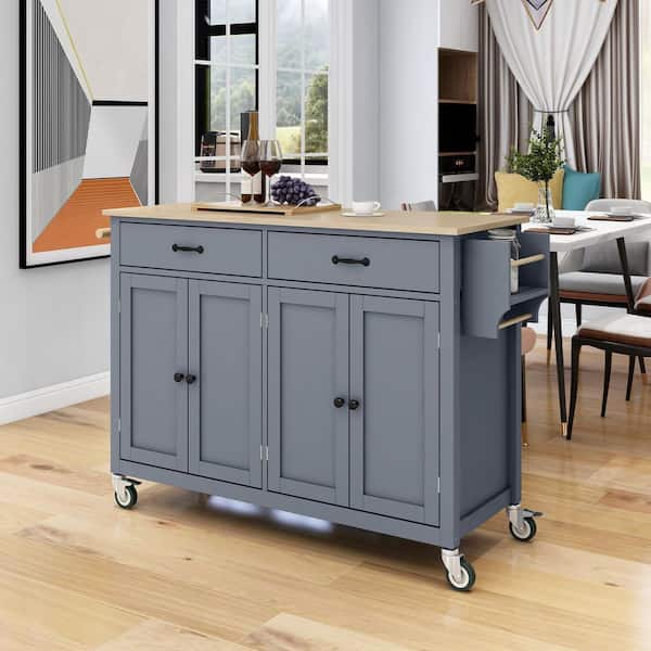 Xspracer Oasis Grey Blue Wood 54.33 in. Kitchen Island with Solid