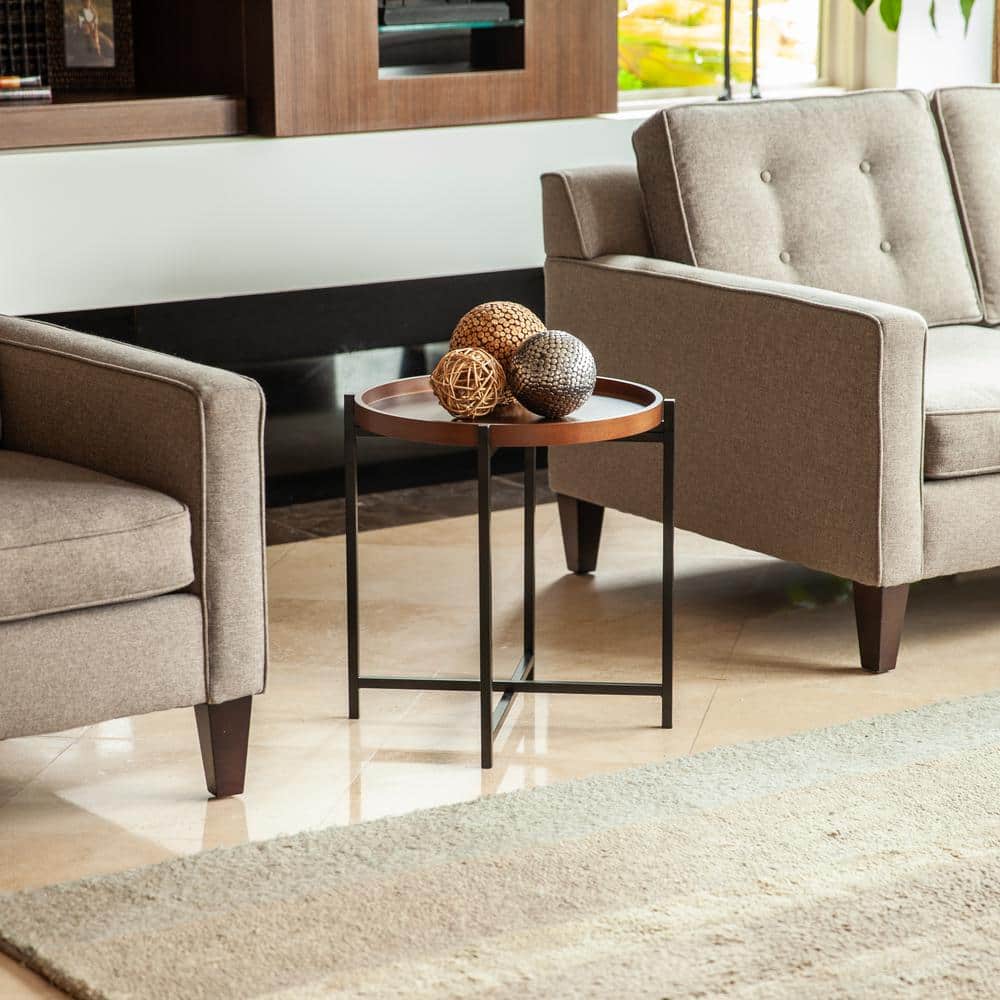 Mid-Century Modern Round Walnut Wood and Black Metal Side Table