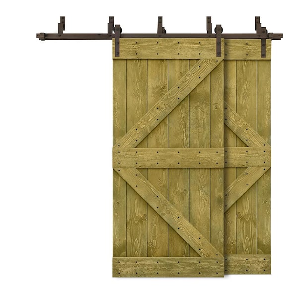 CALHOME 92 in. x 84 in. K Bypass Jungle Green Stained DIY Solid Wood Interior Double Sliding Barn Door with Hardware Kit