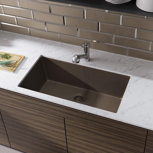 Rene Umber Granite Quartz 33 in. Single Bowl Undermount Kitchen Sink Kit