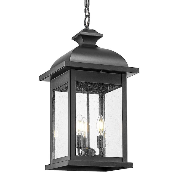JAZAVA 23 in. 3-Light Matte Black Outdoor Hanging Pendant Light with Seeded Glass and No Bulbs Included for Porch