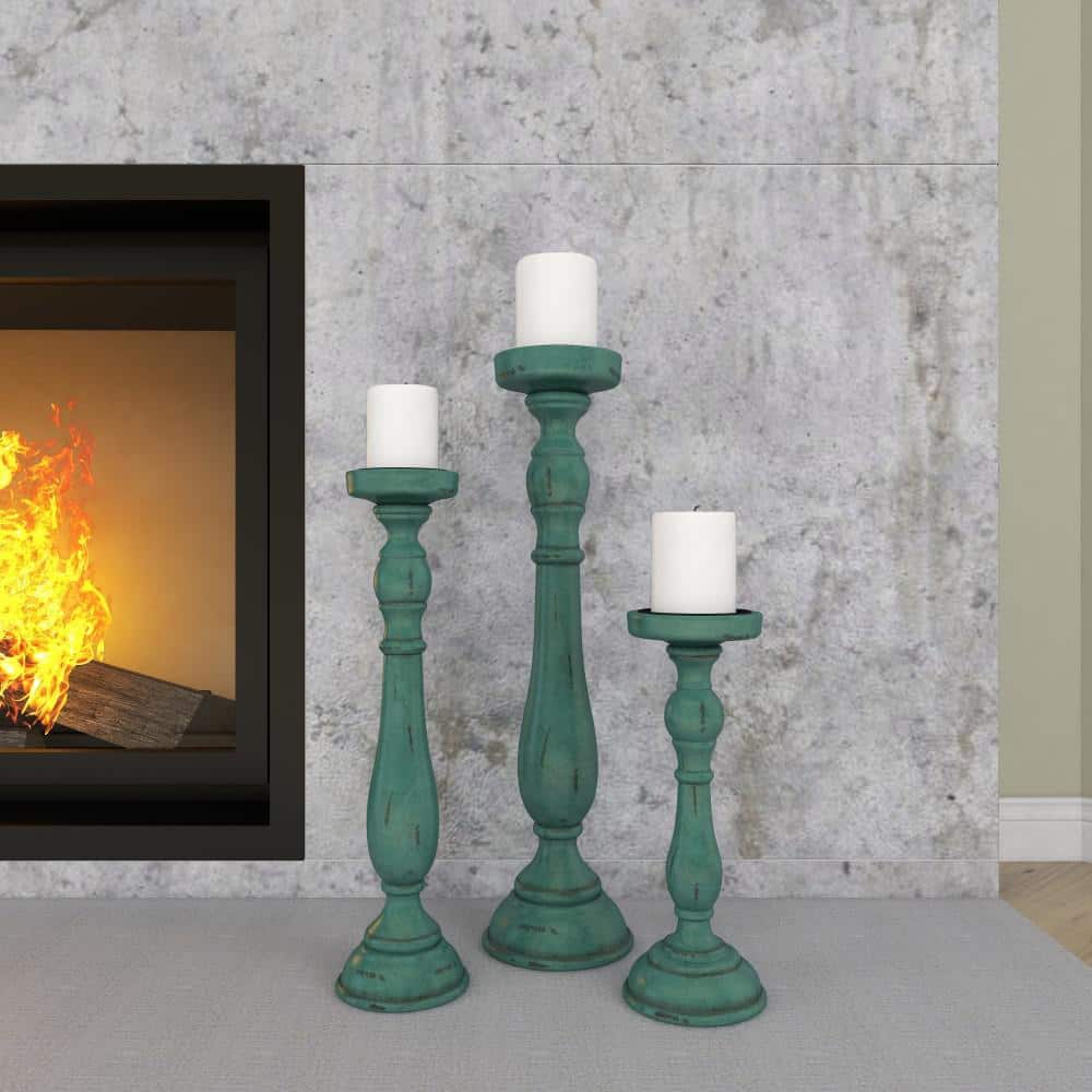 Teal Wood Fluted Pillar Candle Holders Set of 3