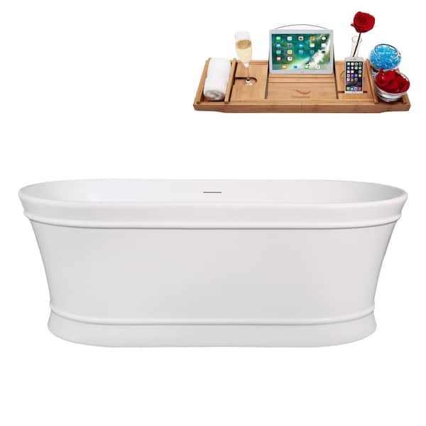 Streamline 65 in. x 31 in. Acrylic Freestanding Soaking Bathtub in Glossy White With Matte Black Drain, Bamboo Tray