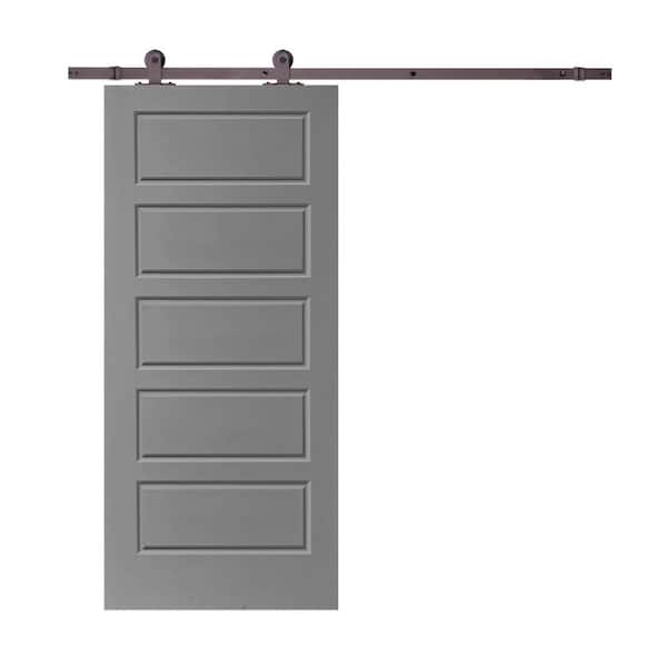 CALHOME 36 in. x 80 in. Light Gray Stained Composite MDF 5 Panel Interior Sliding Barn Door with Hardware Kit