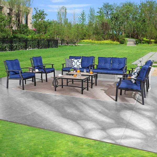 10-Piece Metal Patio Conversation Set with Blue Cushions