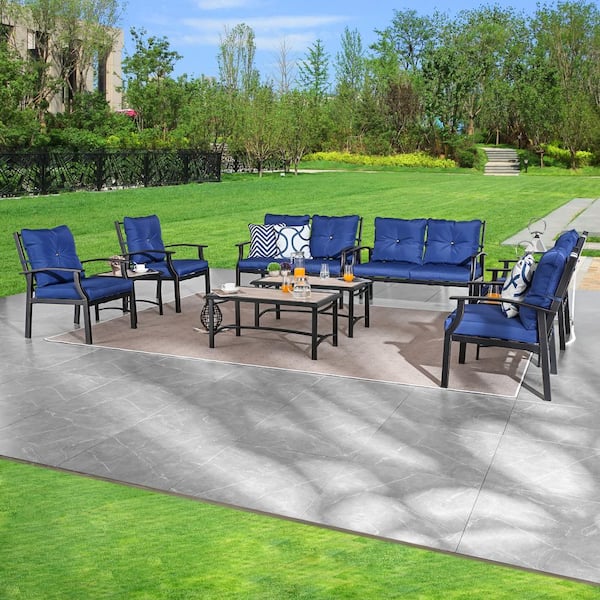 Patio Festival 10-Piece Metal Patio Conversation Set with Blue Cushions