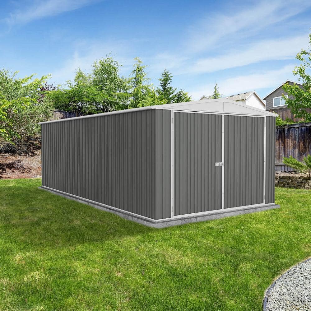 Large Gray Metal Double Door Storage Shed 10' x 20'