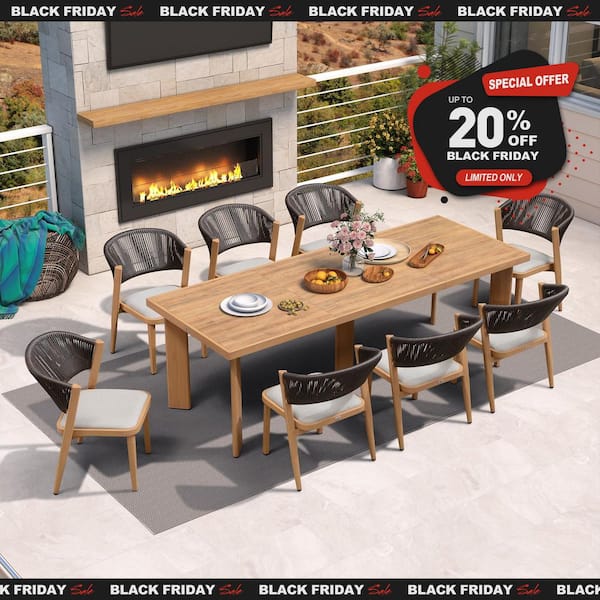9-Piece Aluminum Wicker Dining Table Oversize and Chairs Patio Outdoor Dining Set Furniture Set with Cushions, Brown