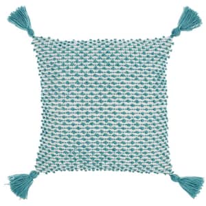 Turquoise Embroidered 18 in. x 18 in. Indoor/Outdoor Throw Pillow