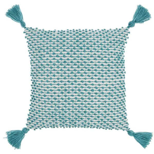 Mina Victory Turquoise Embroidered 18 in. x 18 in. Indoor/Outdoor Throw Pillow