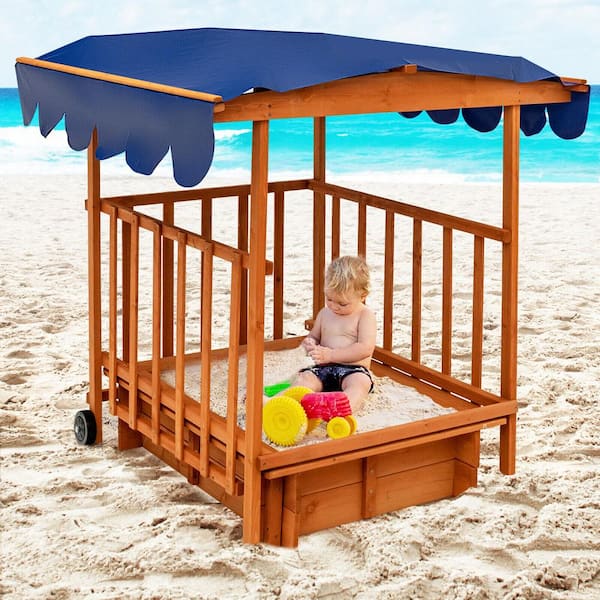 3.6 ft. W x 3.6 ft. L Wooden Rectangle Retractable Sandbox with Cover and Built-in Wheels Kids Outdoor Playhouse