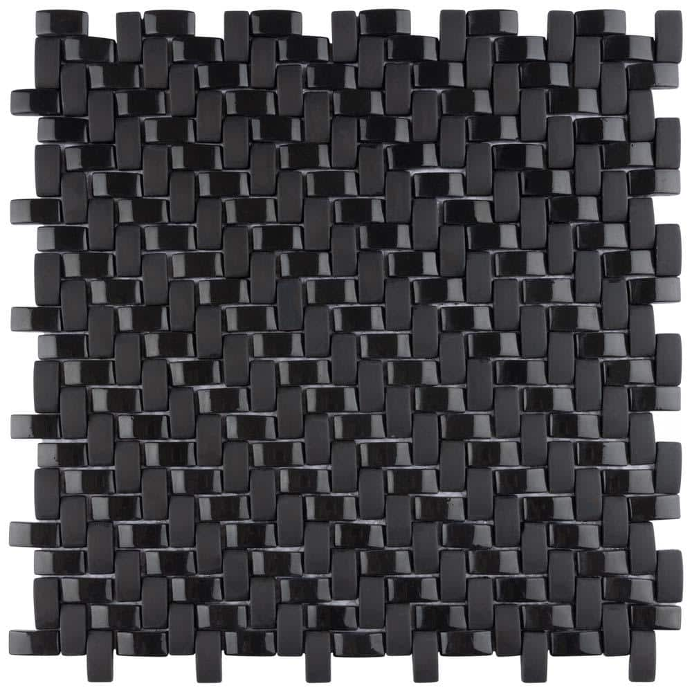 Glass Mosaic Tile Staggered Mirroring Black 1x1