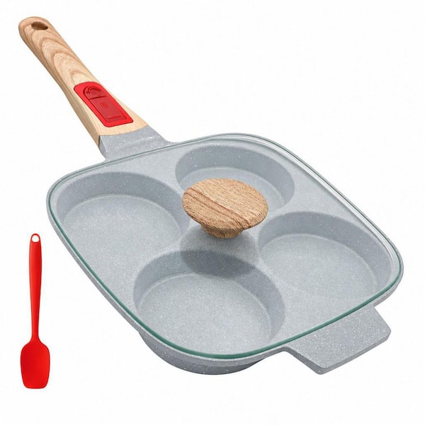 Blue Aluminum Medium 3.5 in. Ceramic Egg Frying Pan with Lid, Nonstick 4 Cup Fried Egg Pan with Detachable Handle