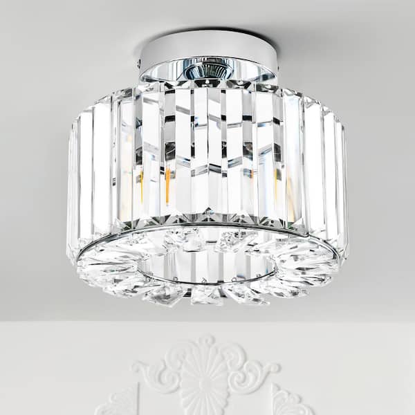 9.3 in. 1-Light Nickel Crystal Semi Flush Mount Ceiling Light With Clear Glass Shade