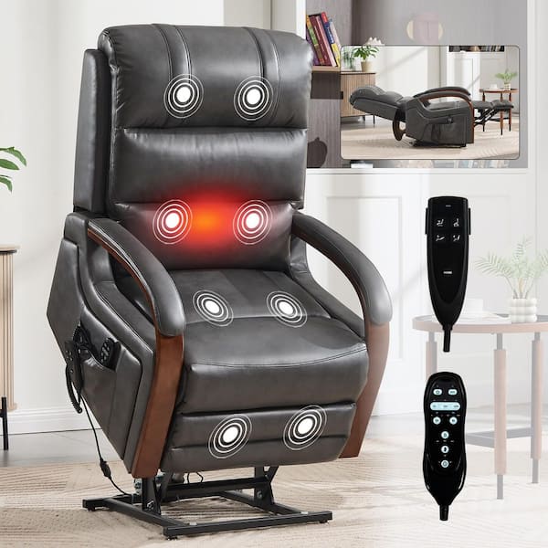 Deep Grey Ergonomic Dual Motor Genuine Leather Power Lift Recliner with Solid Wood Armrests, Massage and Heat
