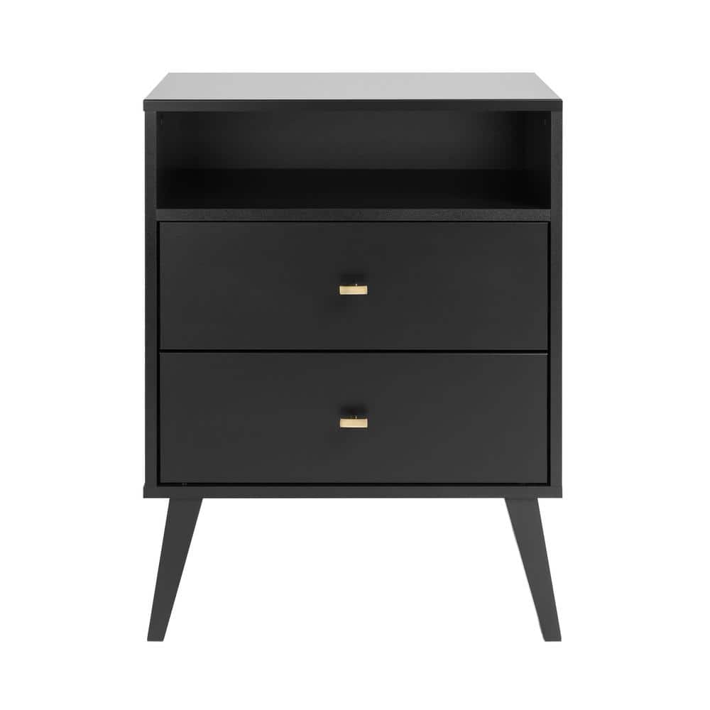 Milo Mid-Century Modern Black Nightstand with Brass Knobs and Open Shelf