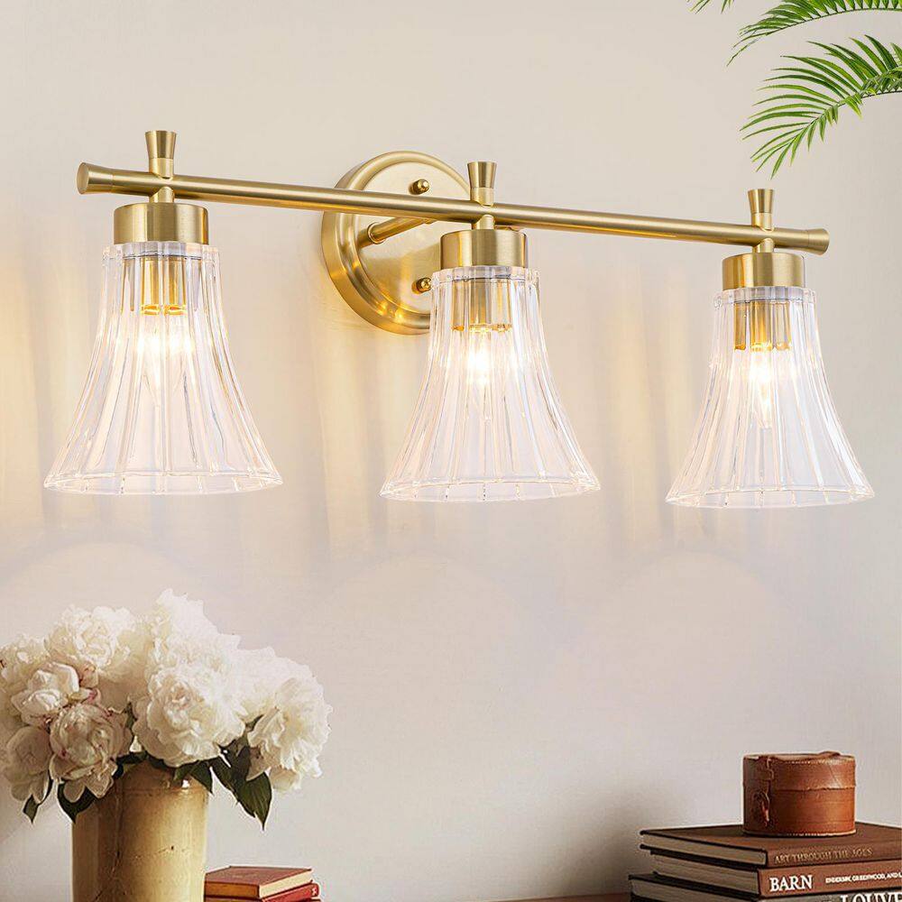 24.4 in. 3-Light Vintage Brass Bathroom Vanity Light with Clear Striped Flared Glass Shade price history on PriceWatchPro