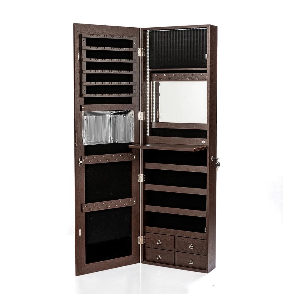 Gymax Brown Mirror Jewelry Cabinet 96 LED Lights Wall Door Mounted Armoire  with Makeup Rack 47.5 in. H x 14.5 in. W x in. D GYM08443 The Home Depot