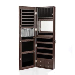 Brown Mirror Jewelry Cabinet 96 LED Lights Wall Door Mounted Armoire with Makeup Rack 47.5 in. H x 14.5 in. W x 5 in. D
