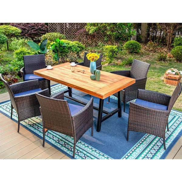 PHI VILLA Black 7-Piece Metal Patio Outdoor Dining Set with Rectangle Table and Rattan Chairs with Blue Cushion