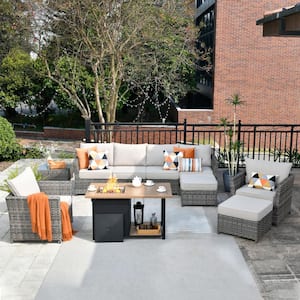 Eufaula Gray 10-Piece Wicker Modern Outdoor Patio Conversation Sofa Set with a Storage Fire Pit and Beige Cushions