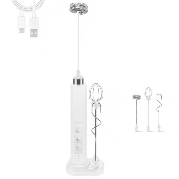 White Rechargeable Electric Milk Frother, 3 Speed Adjustable, with Charging Base, 3 Detachable Stainless Steel Whisks