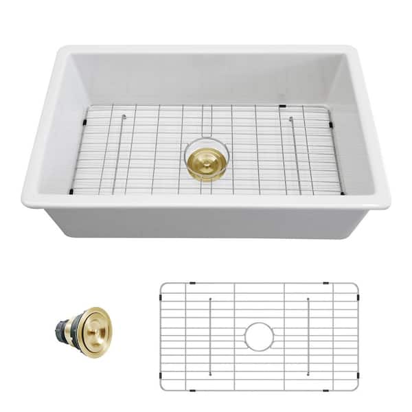 32 in. Single Bowl Ceramic White Undermount Kitchen Sink with Bottom Grids-32 in. x 19 in. x 10 in.