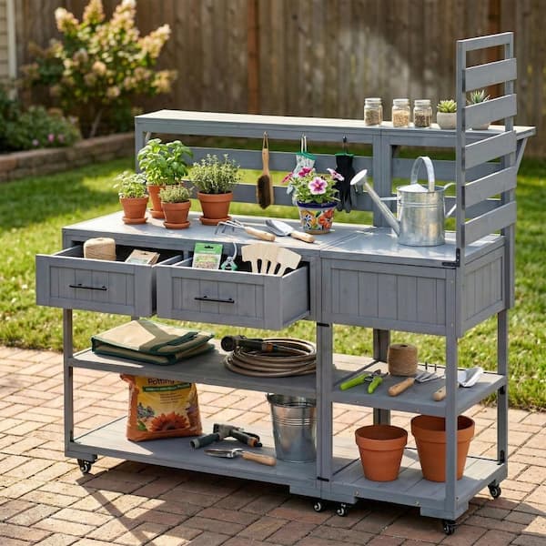 62 in. W x 65 in. H Gray Outdoor Solid Wood Garden Potting Bench with Stainless Table Top and Sink System