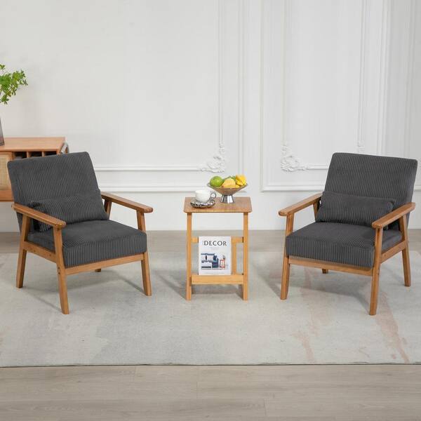 Dark Gray Corduroy Accent Armchair Set of 2 with Solid Wood
