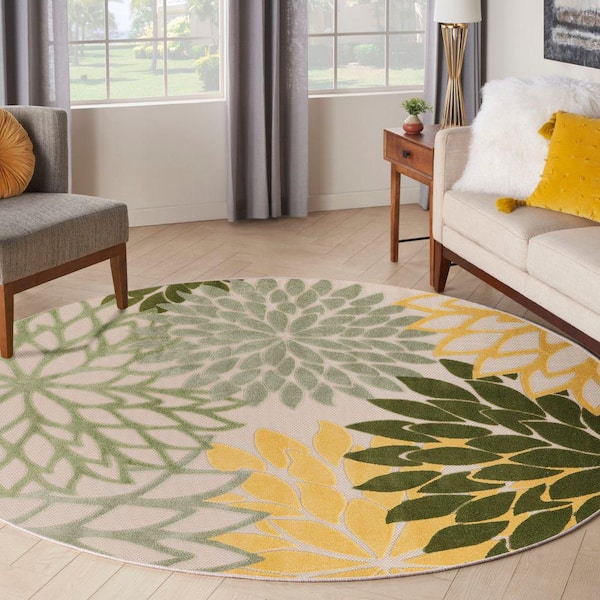 Aloha Green multi-color 5 ft. x 5 ft. Floral Contemporary Round Indoor/Outdoor Area Rug