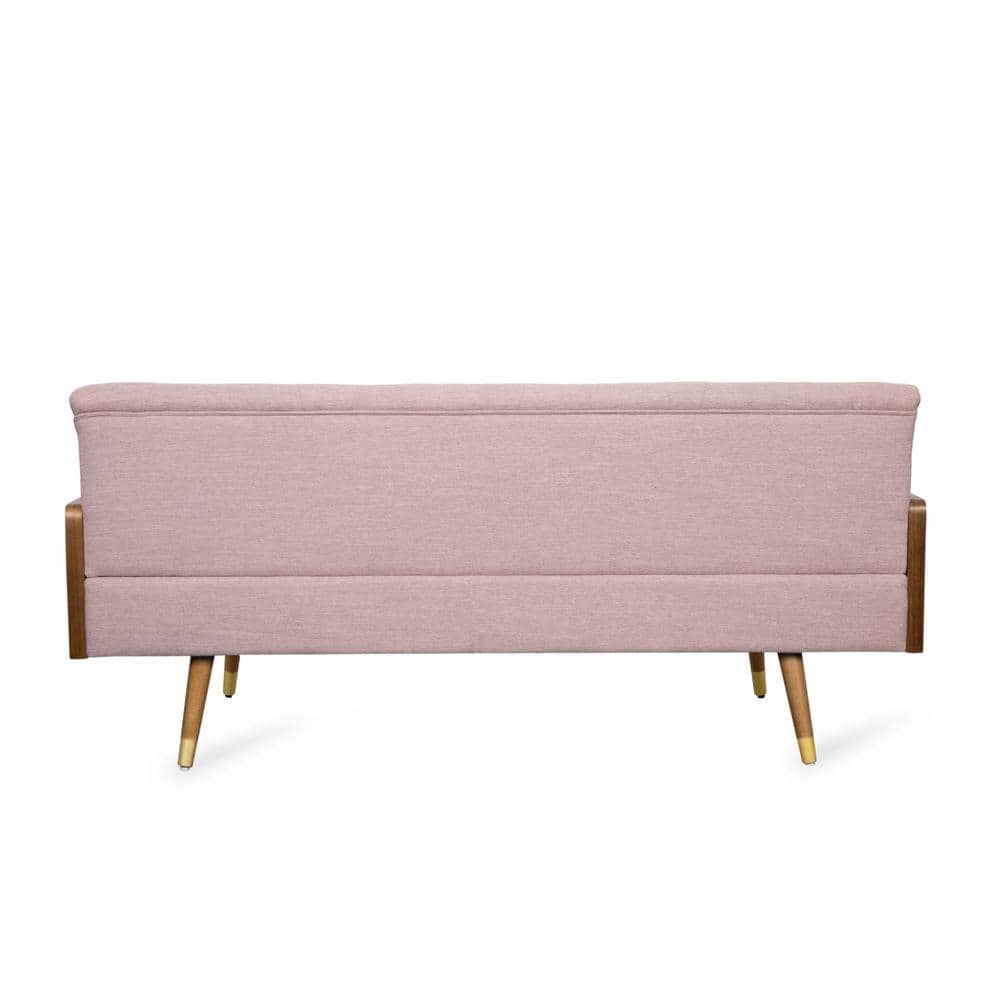 Light Blush Tufted Fabric Sofa with Walnut Wood Frame