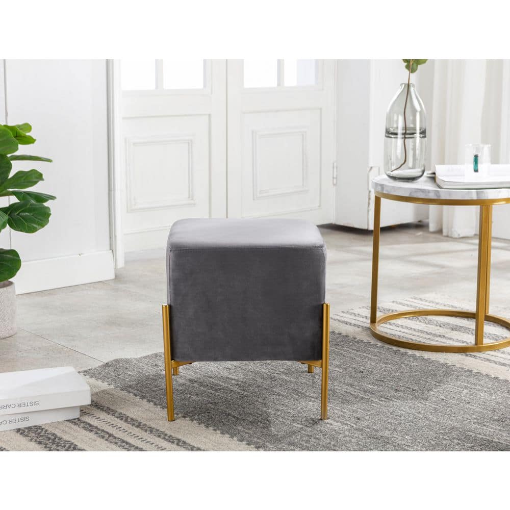 Ethan Contemporary Gray Velvet Accent Stool with Gold Finish Legs