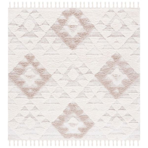 Moroccan Tassel Shag Ivory/Beige 4 ft. x 4 ft. High-Low Geometric Fringe Square Area Rug