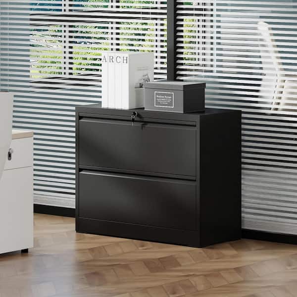 2-Drawer Black Metal 35.4 in. W Lateral File Cabinet for Home Office