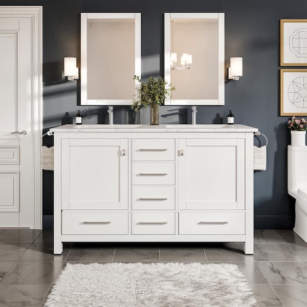 Eviva London 54 in. W x 18 in. D x 34 in. H Bathroom Vanity in White with White Carrara Marble Top with White Sink