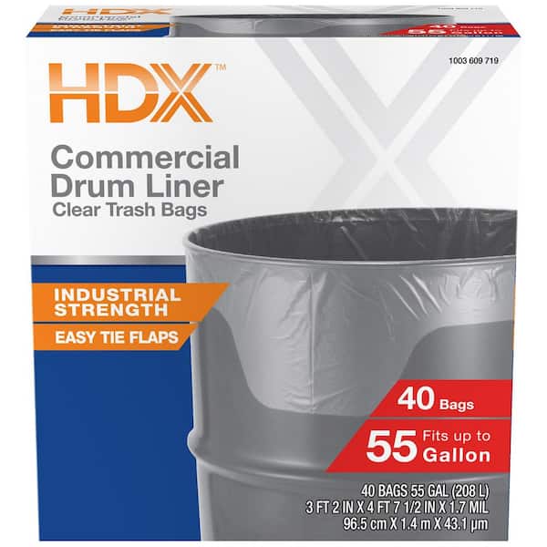 HDX 55 Gal. Clear Heavy-Duty Flap Tie Drum Liner Trash Bags (40-Count)