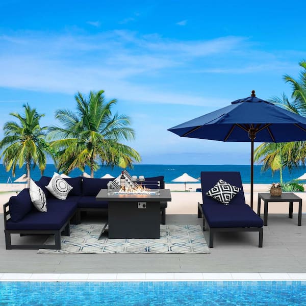 FINCATI 8-Piece Luxury Outdoor Gray Aluminum Patio Conversation Fire Pit Set, Chaise Lounge and Navy Blue Cushions