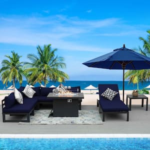8-Piece Luxury Outdoor Gray Aluminum Patio Conversation Fire Pit Set, Chaise Lounge and Navy Blue Cushions