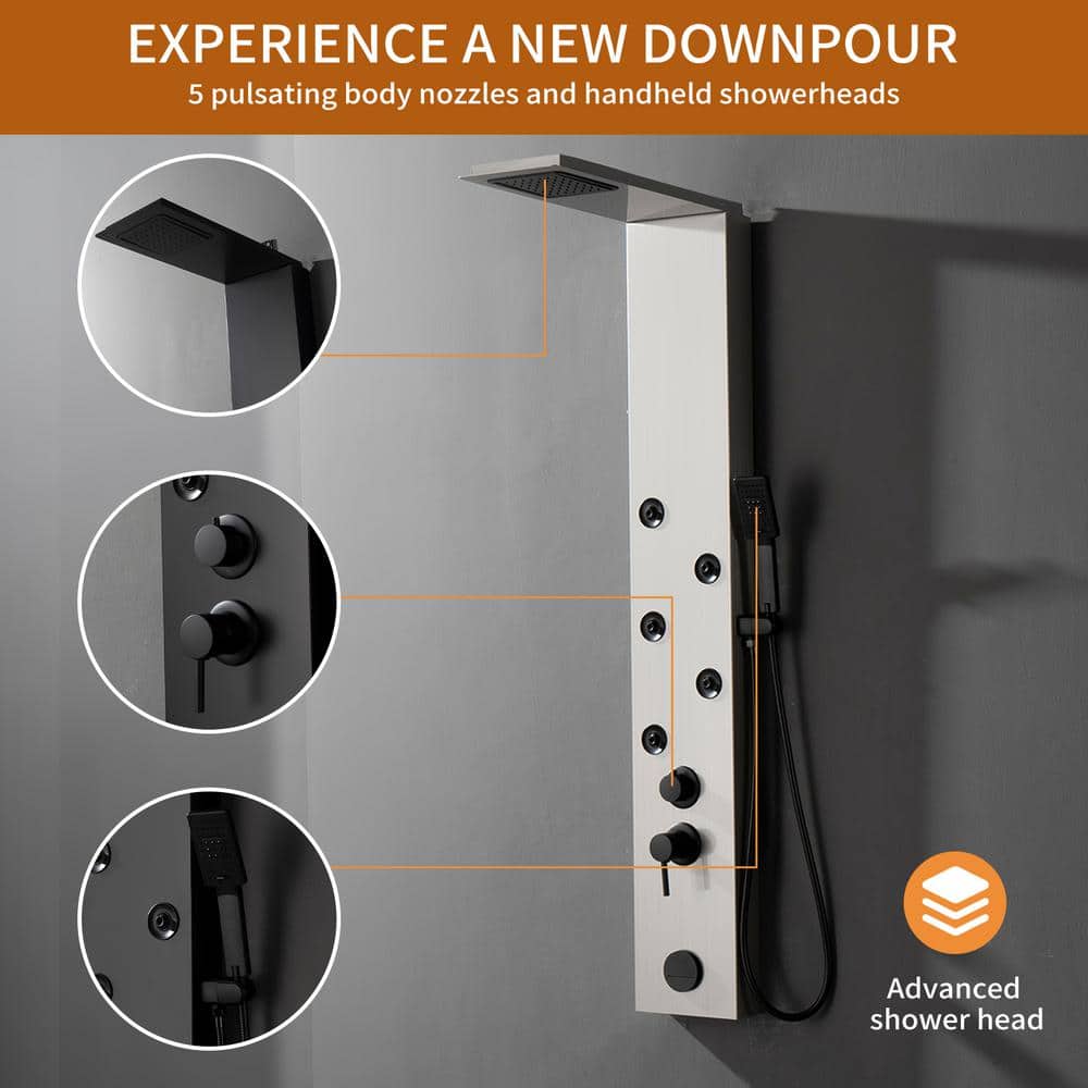 Brushed Nickel 4-Jet Rainfall Shower Panel System with Handheld Wand