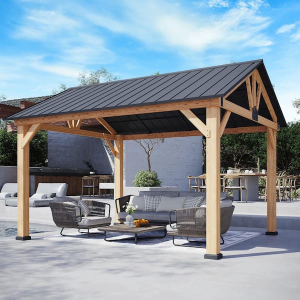 13 ft. x 11 ft. Cedar Wooden Frame Outdoor Patio Gazebo with Hardtop Steel Peak Roof and Ceiling Hook