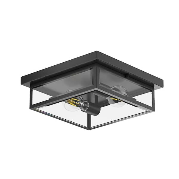 aiwen 12 in. 2-Light Industrial Black Flush Mount Metal Farmhouse Close to Ceiling Light Fixture with Clear Glass Shade