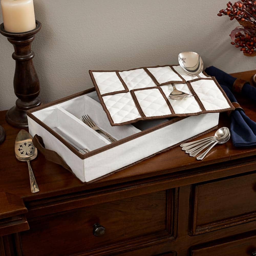 Natural Canvas Flatware Storage Chest with Brown Trim