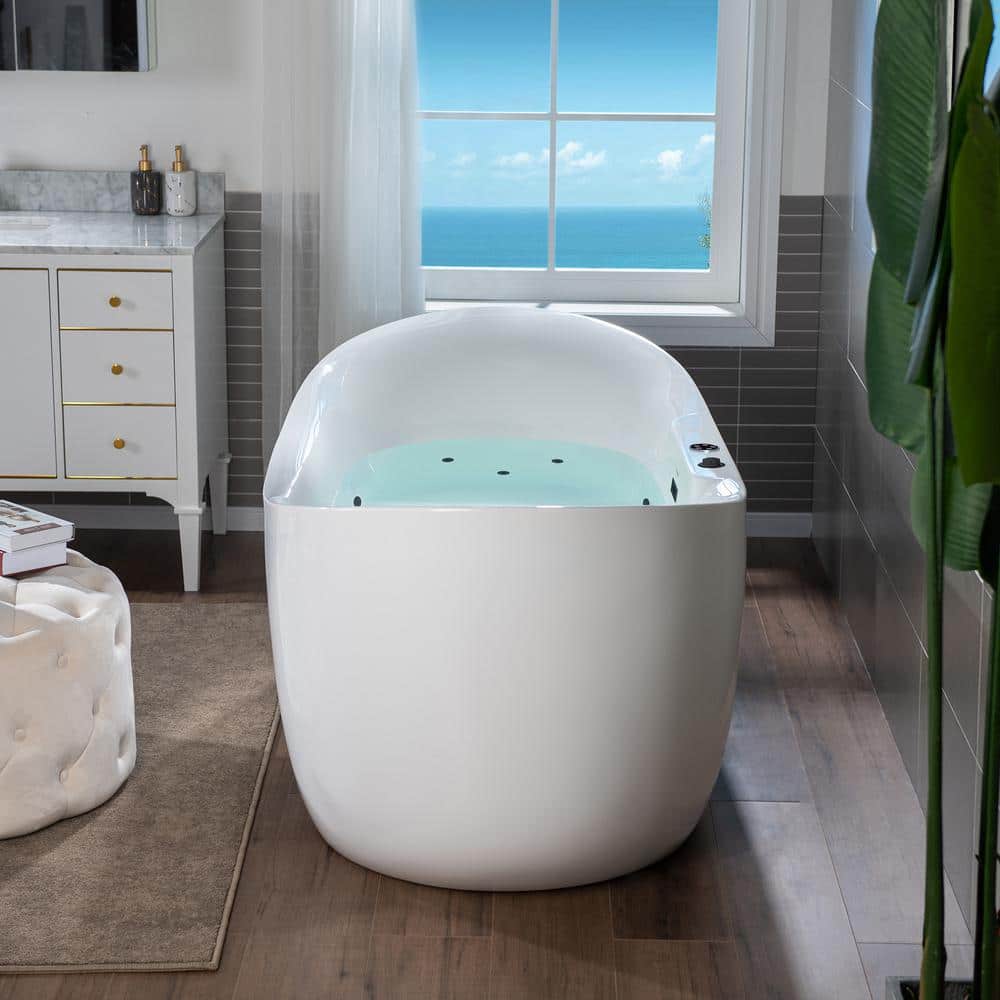 72" White Acrylic Freestanding Whirlpool Bathtub with Matte Black Hardware