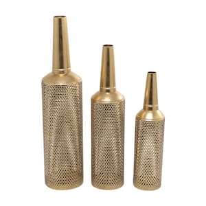 Gold Diamond Patterned Metal Decorative Vase with Open Frame Design (Set of 3)