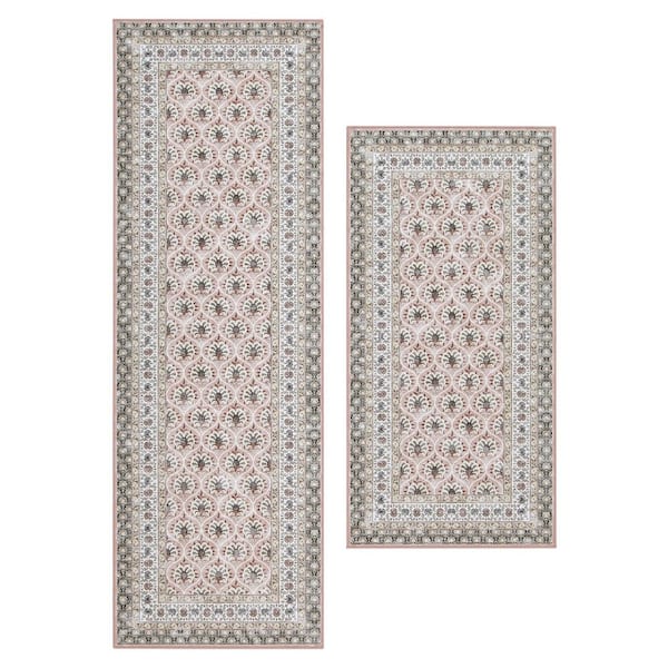 Amelia Chenille Pink 2 ft. x 6 ft. Woven Trellis Polyester 2-Piece Rug Set