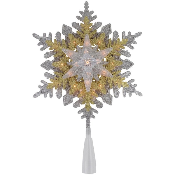 13.75in. Lighted Gold and Silver Snowflake Christmas Tree Topper Clear Lights