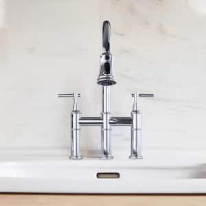 Double Handle Bridge Kitchen Faucet with Pull-Down Sprayhead in Brushed Chrome
